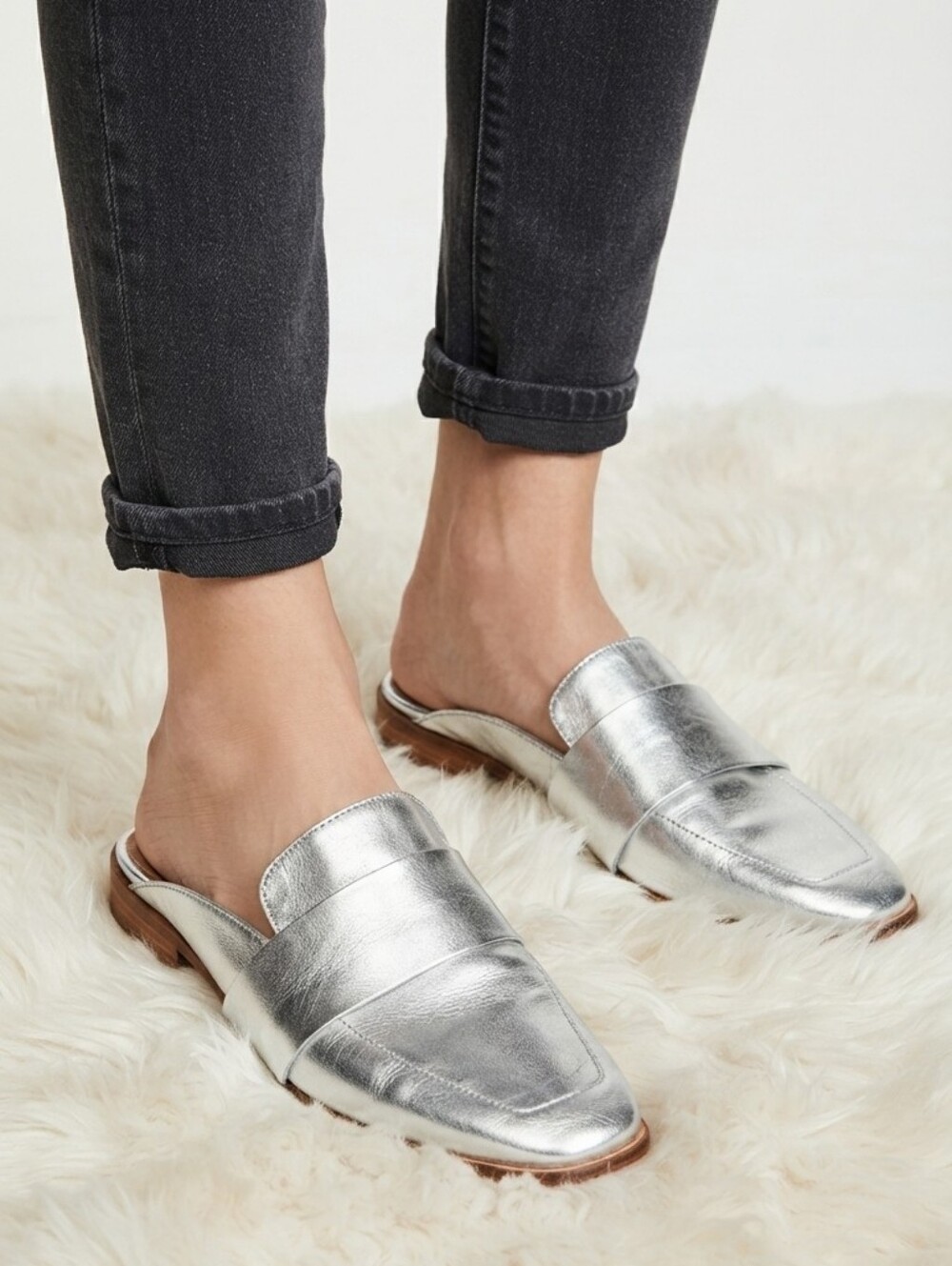 Free People Metallic Silver Leather Mule Loafers Women's EU 38 Slip-On Shoes
